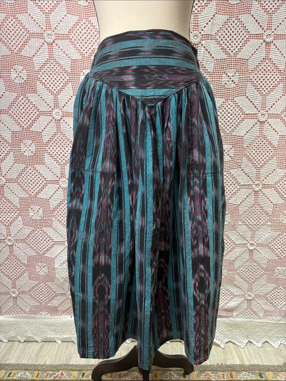 Boho Woven Stripe Full Skirt Teal Black Red Sz S/M